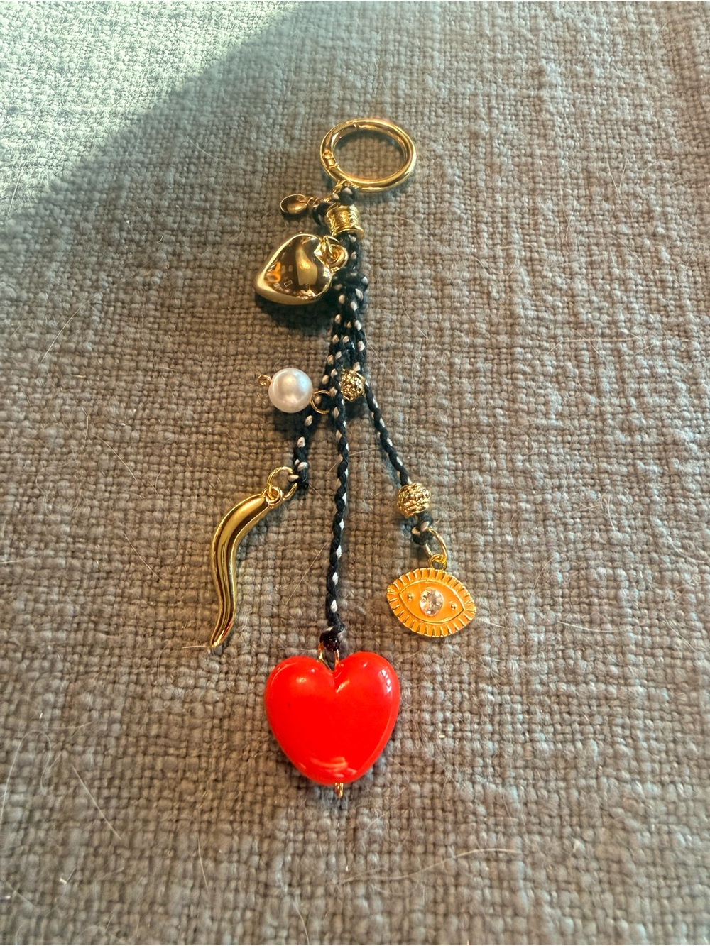 Gold Charm Keychain/ Purse Charm with Red Heart & Evil Eye Charm
